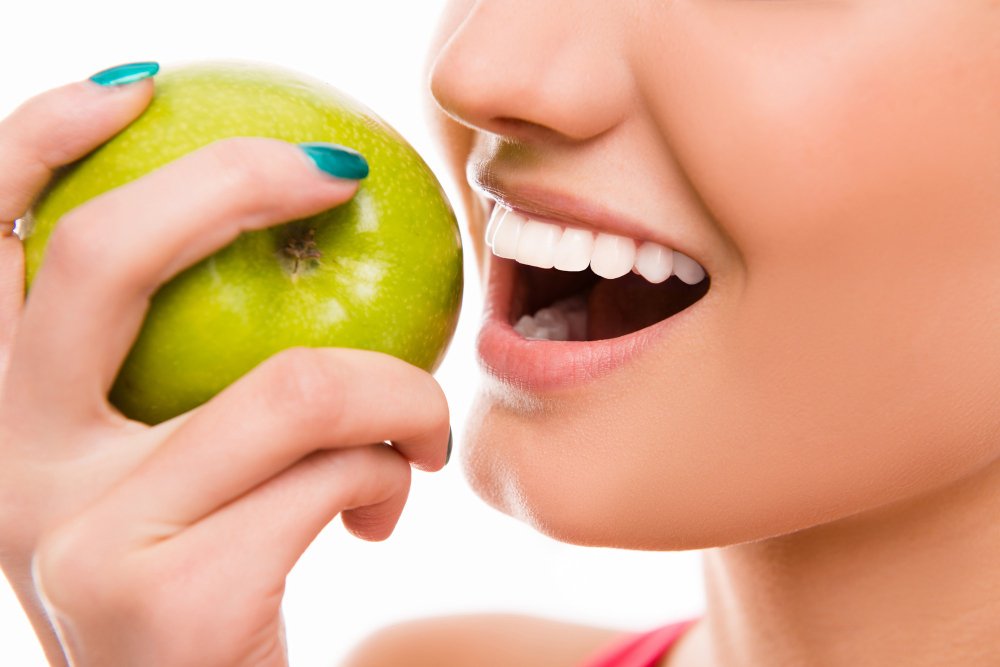 Oral Health: closeup-face-woman-eating-green-apple