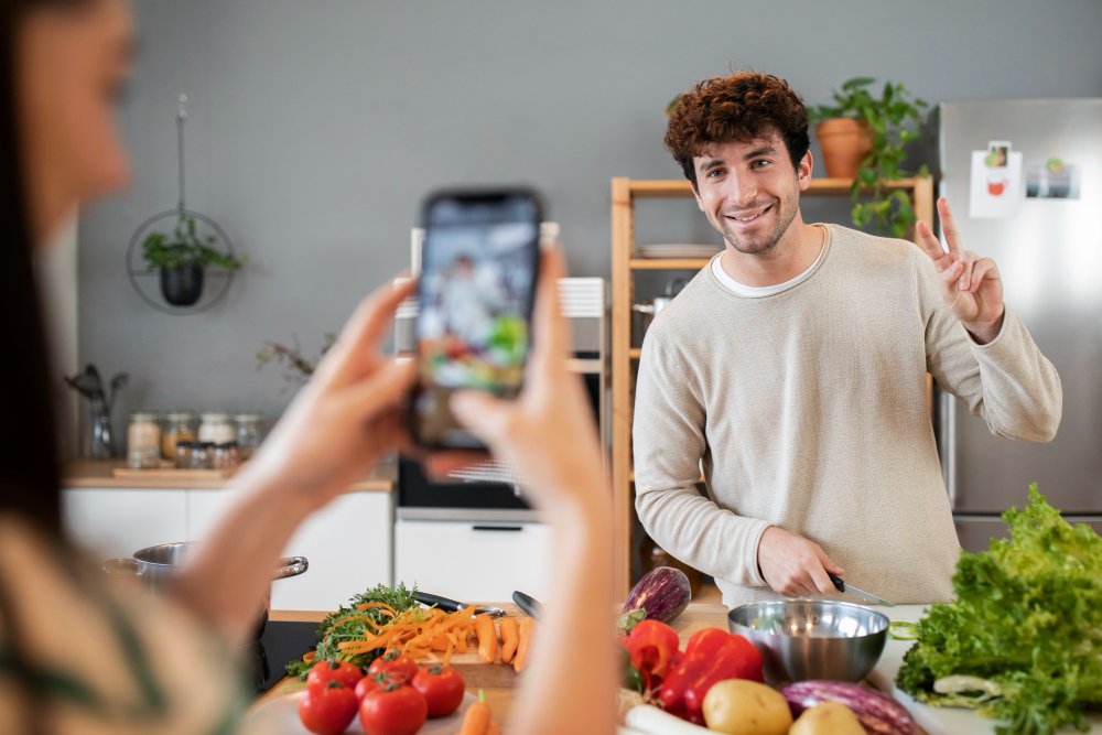 a man in a kitchen taking a picture of a woman